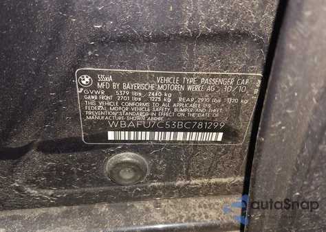 2011 BMW 535I xDrive из США, поврежденный, VIN WBAFU7C53BC781299